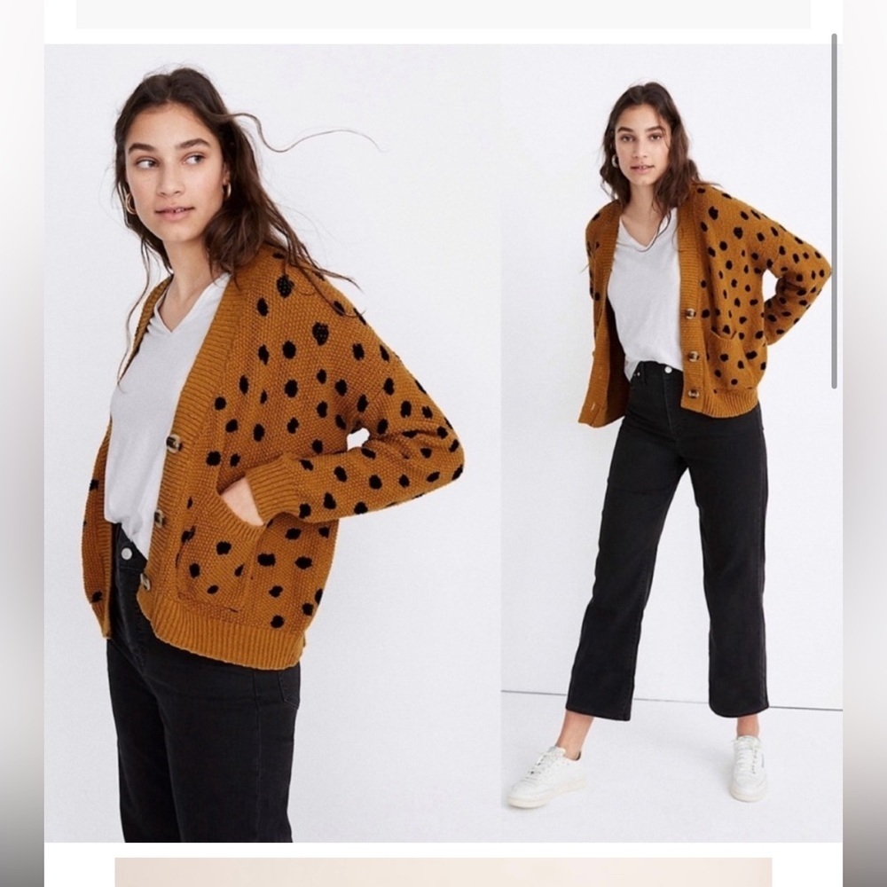 Madewell Hillview Mustard Yellow and Black Dot Cardigan in Painted Spot 🐯